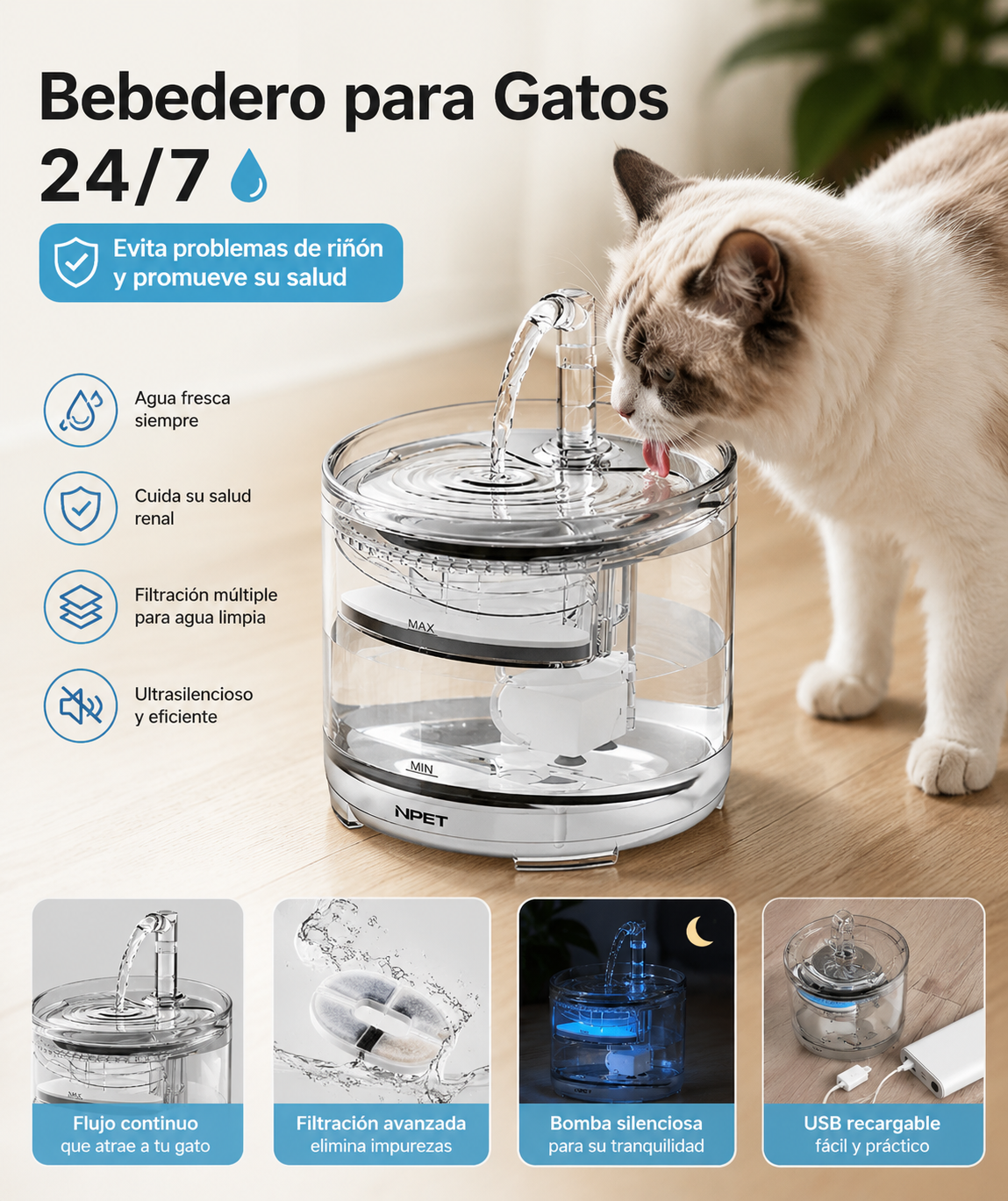 Fuente Automática para Gatos | Agua Fresca 24/7 y Protección Renal